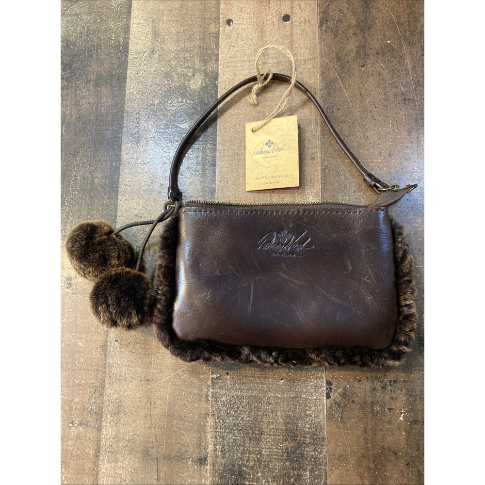 Patricia Nash Piedmont Sherpa Brown Leather Wristlet Wallet Vtg Style Pom Poms